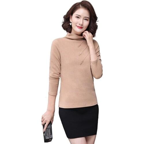 Long sleeve Autumn Winter Women Ribbed Cotton Tee-shirts Female Button Casual fashion T-shirts 2021 Turtleneck Korea Shirt Tops