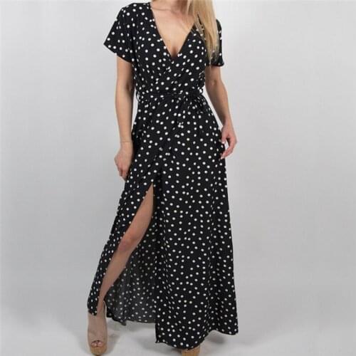 Women Dot Print High Split Dress 2021 Sexy V Neck Beach Boho Summer Dress Casual Short Sleeve Long Dresses Plus Size Vestidos