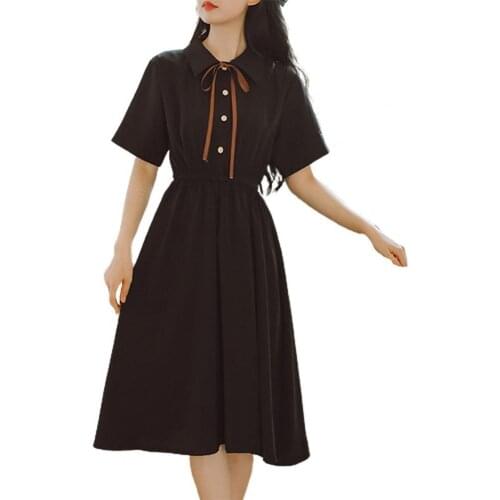 Womens Retro Dress Casual Fashion Midi Dress Bow Style Vintage Turndown Collar Slim Summer Dresses robe femme женское платье