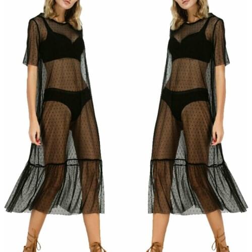 Women Sexy See-through Mesh Sheer Dress Tulle Lace Long Beachwear Cover Up Style Black Dress Bikini Cover-Ups