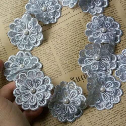 1 Yard Light Blue 5CM Pearl Flower DIY Soluble Wedding Lace Trim Knitting Embroidered Handmade Patchwork Ribbon Sewing Supplies