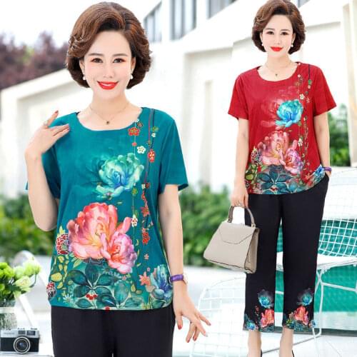 2021 Plus Size Middle Age Women 2 Piece Sets Loose Casual Floral Print T-shirts and Wide Leg Pants Suits Women Casual Sets L461