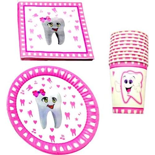 60pcs/lot Tooth Theme Plates Kids Girls Favors Cups Napkins Baby Shower Decorate towel Happy Birthday Party Dishes