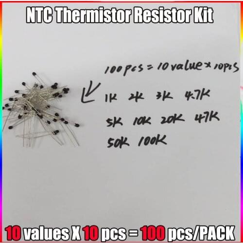 100pcs=10value*10pcs NTC Thermistor Resistor Kit NTC-MF52AT 1K 2K 3K 4.7K 5K 10K 20K 47K 50K 100K +-5% 3950B