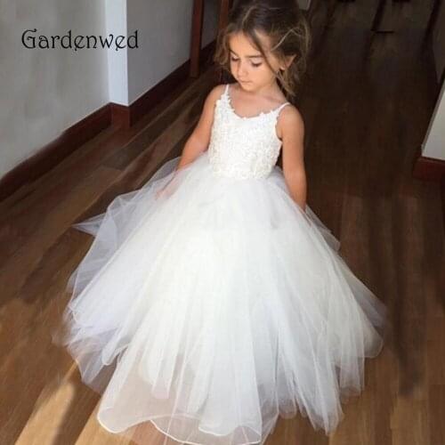 Lace Top Little Girl Cute Ivory Flower Girl Dress 2020 Straps Formal Communion Long Puffy Tulle Gown Kids Wedding Party Cheap
