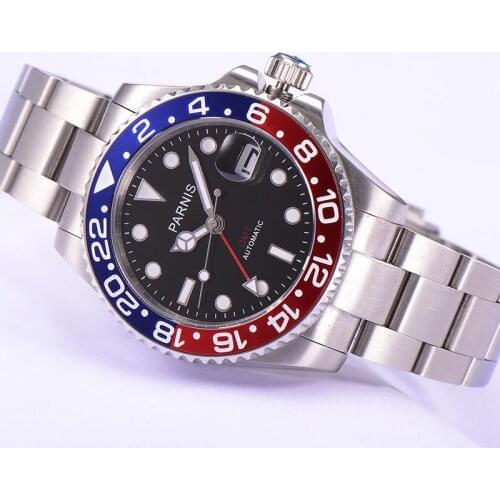 Parnis 40mm GMT 3804 automatic watch for men sapphire glass date display oyster bracelet ceramic bezel insert black dial cyclops