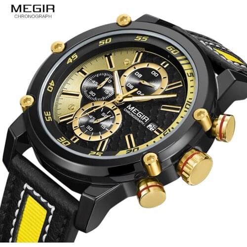 MEGIR Mens Premium Waterproof Luminous Quartz Watches Fashion Leather Strap Yellow Chronograph Wristwatch for Man 2079G1N3