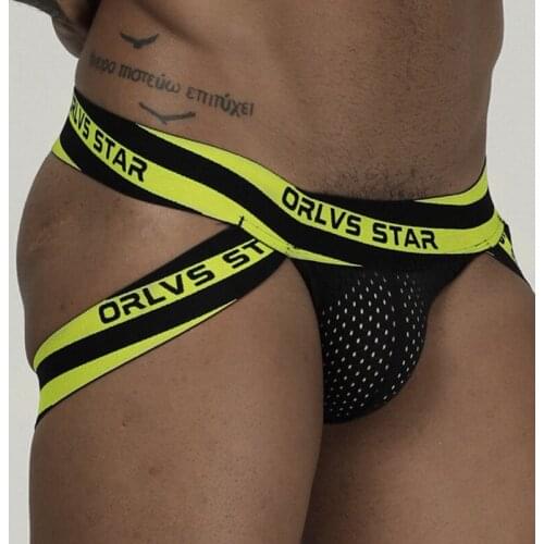 ORLVS Brand sexy gay jockstrap men underwear sissy panties cueca tanga men thong g string mesh double jockstrap thongs hombre