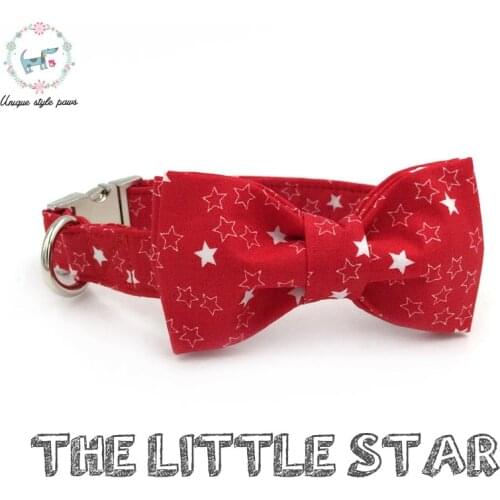 Dog Or Cat Collar And Leash Set With Bow Tie Cotton Dog &Cat Pet Necklace Adjustable Buckle For Pet Christmas Gift Red Star
