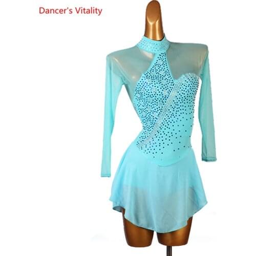 Latin Dance Dress Mesh Diamond Skirt Long Sleeves Performance Clothes Profession Custom Female Adult Child Practice Clothing