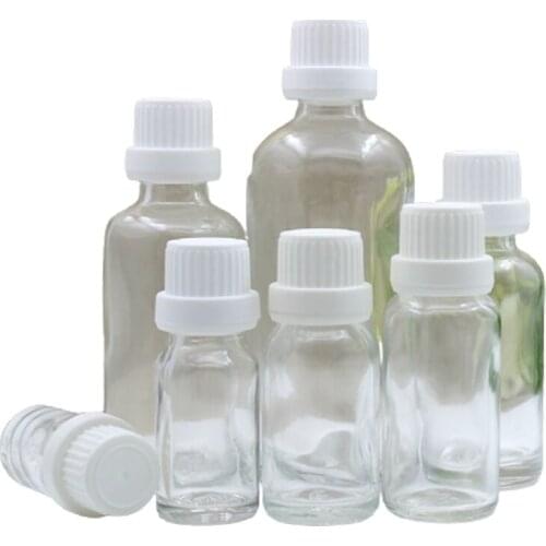 Empty Clear Glass Bottle White Plastic Anti-theft Big Lid Essential Oil Vials Cosmetic Packaging 5ml 10ml 20ml 30ml 50ml 100ml
