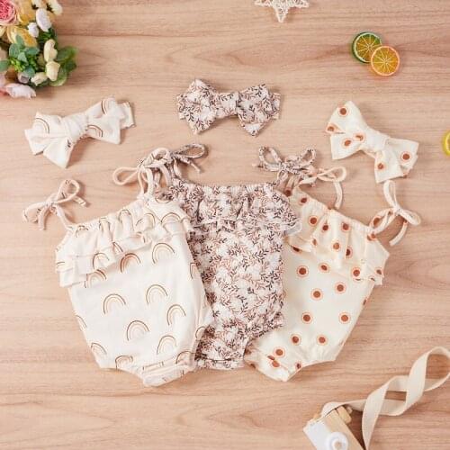 0-24M Newborn Baby Girl Sleeveless Strap Rainbow Romper Jumpsuit Headband 2PCS Outfits Summer Clothes