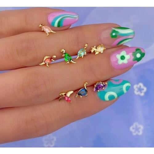 Colorful Crystal Little Dinosaur Stud Earrings For Girls Women Zircon Crystal Pendants Earrings Jewelry Gifts Accessories