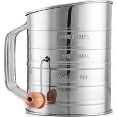 3 Cup Stainless Steel Flour Sifter Fine Mesh Rotary Hand Crank Flour Sifter with Agitator Wire Loop for Baking Cakes