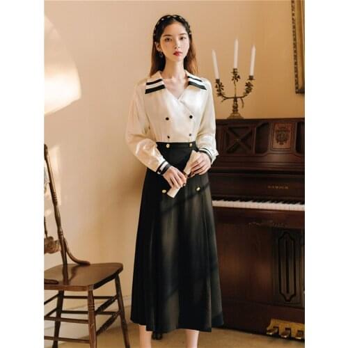 SWEETXUE 2Piece Suit Skirt Temperament Autumn Retro Navy Style Double-Breasted Shirt + Black Skirt Female Fashion Elegant Women