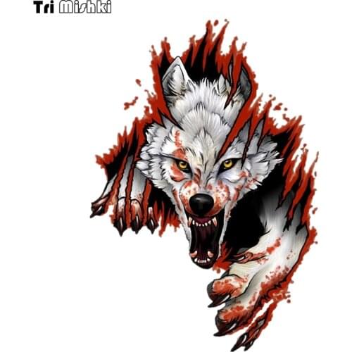 Tri Mishki WCS037 13*18.3cm 10.6*15cm Angry wolf from hole car sticker funny PVC coloful Decals Motorcycle Accessories sticker