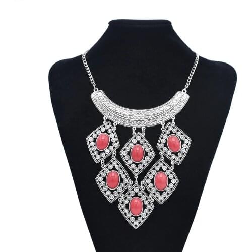 Bohemian Vintage Silver Geometric Necklace Turkish Gypsy Statement Tassel Turquoise Necklace Ethnic Tribal Bride Indian Jewelry