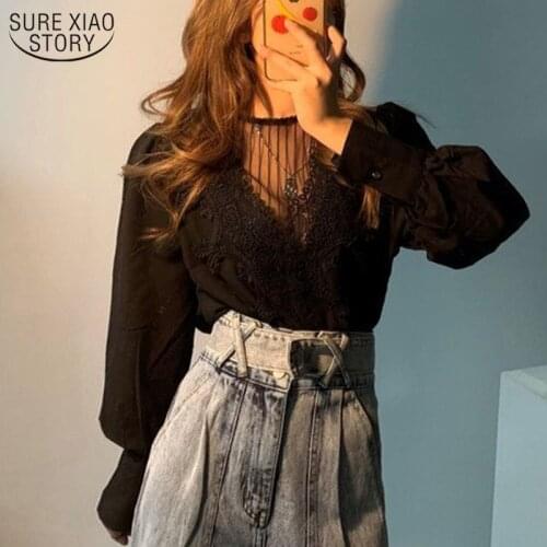 Korean Chic Retro Round Collar Stitched Lace Hook Flower Shirt Hollow See Through Loose Women Blouse Bubble Sleeve Top 13670