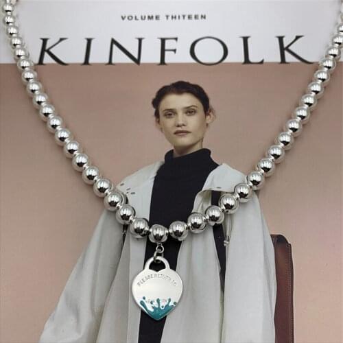 Womens Fashion Enamel Water Drop Heart Pendant 8mm Round Bead Necklace 925 Sterling Silver Original Brand Jewelry Holiday Gift