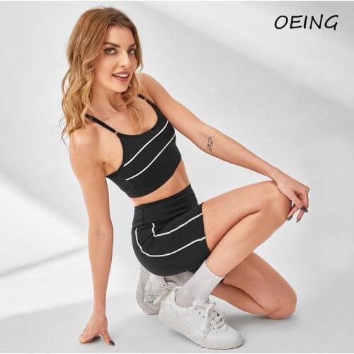 Women Sport Wear Stripe Yoga Biker Two Piece Sets Seamless Tights Stretchy Leggings and Bras Set