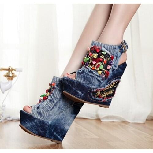 2017 New Summer Women Wedge High Heel Chunky Heel Open The Toe Buckle Fashion Denim Sandals Shoes Size 34-40 SXQ0709