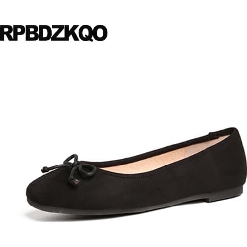 Square toe black suede pink rubber sole women flats shoes with little cute bowtie ballerina ballet chinese bow casual slip on