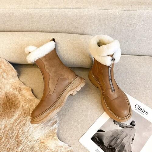 Genuine Leather Women Snow Boots Winter Platform Shoes Ankle Boots For Women Non-Slip Keep Warm Wool Womens Sneakers