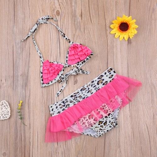 2021 Girls Pink Gauze Skirt Swimsuit Suit Leopard Print Ruffled Suspender Top and Panties Two-Piece Suit Suitable For Vacation