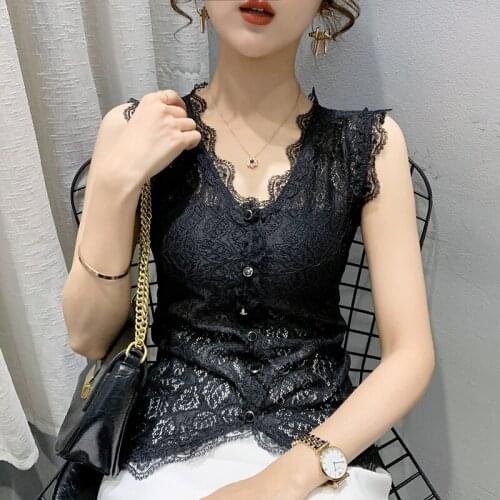 Sexy Lace Vest Single Breasted Harness Women Clothing Feeling Outside 2021 New Summer Wear Sleeveless Render V-Neck Tops Slim