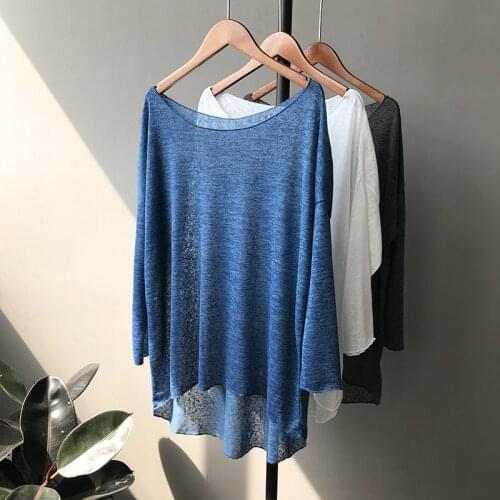 Sexy Blue Thin Knitted Bat Sleeved T Shirts Women Solid Maxi Loose Casual Pullover Tees Tops White