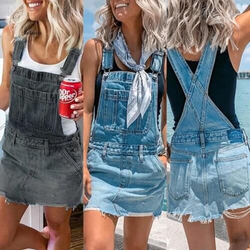 Women Summer Denim Bib Dresses Slim Spaghetti Straps Pockets Mini Dress Jeans Dress