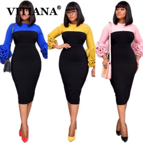 VITIANA Women Black Office Midi Dress For Womens Autumn 2020 Female Puff Sleeve Elegant Dresses Femme Formal Pencil Vestidos