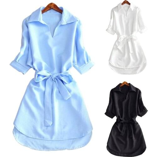 Fashion Women Solid Color V Neck Half Sleeve Belt Office Long Shirt Mini Dress