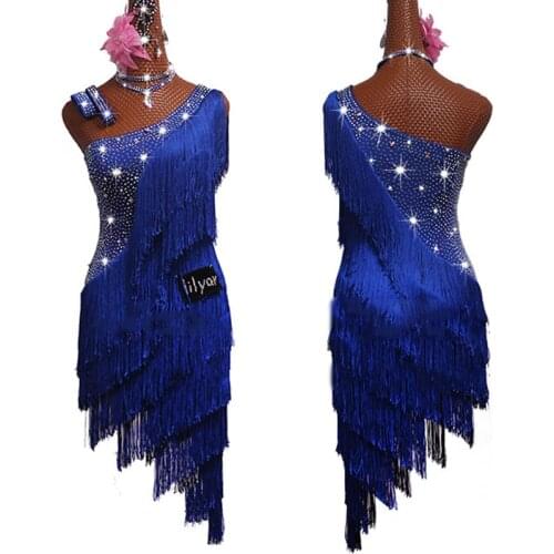 Latin Dance Competition Dress Women Rhinestone Dress Blue Tassels Dress Rumba Dress Stage Wear Gatsby Dance Clothes Women BL2548