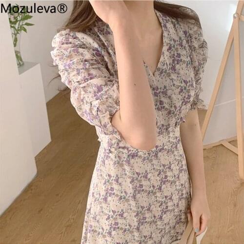 Mozuleva New Summer Bohemian Floral Print Womens Long Dresses Female Chic Chiffon V-Neck High Waist Casual Loose Dresses 2020
