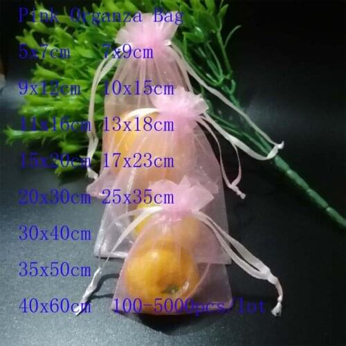 100 Pcs/Lot 7x9 9x12 10x15cm Pink Drawstrings Organza Bag Jewelry Pouches Gift Package Bag Christmas Wedding Bag Yarn Pouches