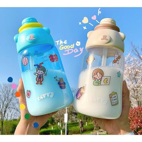 1200ml Sport Water Bottle Portable Leak-proof Protein Shaker Bottle Cute Cartoon Sticker Girls Cup Outdoor Travel Gym Drinkware