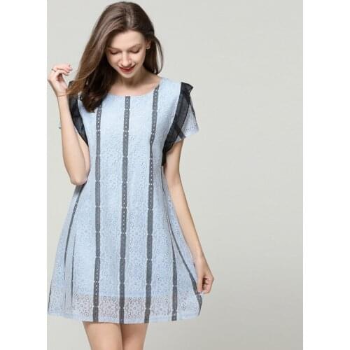 2021 new design women lace loose dresses plus size short sleeves women hollow lace casual dress blue color