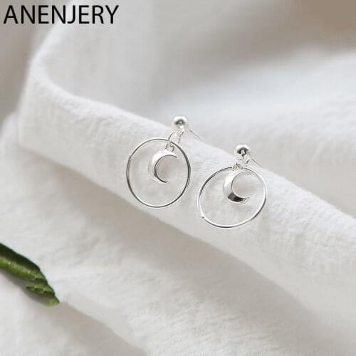ANENJERY 925 Sterling Silver Delicate Round Circle Moon Dangle Earring Simple Ear Jewelry For Women Party Gifts S-E1100