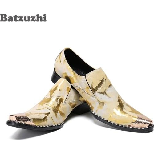 Batzuzhi Handmade Luxury Men Shoes Pointed Metal Tip Gold Leather Dress Shoes Party & Wedding Leather Shoes Zapatos Hombre