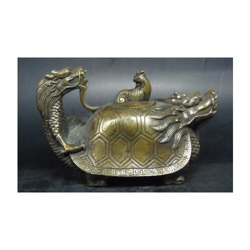 Bronze home decoration Folk Culture Brass Old Handwork chinese copper Carved Dragon Phoenix turtle head cover Teapot