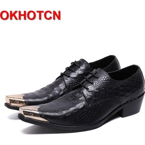 Black Oxford Shoes Men Alligator Pattern Genuine Leather Formal Men Shoe Lace Up Metal Toe High Heels Men Wedding Dress Shoes