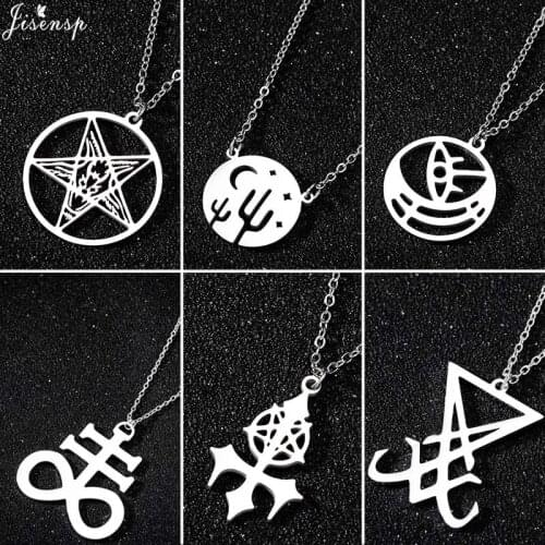 Jisensp Gothic Style Punk Large Talisman Baphomet Stainless Steel Necklace Pendant for Men Goat PIN Jewerly Accessories Gift