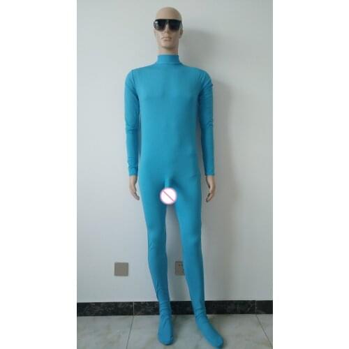Lake blue Color Spandex Catsuit mens sexy jumpsuit with Penis sheaths no Hood Hands Back Zipper