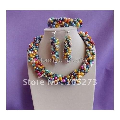 Beautiful Pearl Jewelry Set AA 6-7MM Baroque Shaper Multicolor Freshwater Pearl Necklace bracelet Earring Free Shipping FN1012A