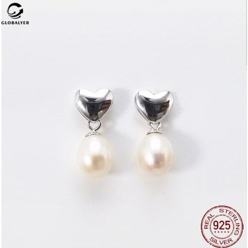 Korean creative Simple S925 sterling silver love earrings Female simple natural pearl earrings Female accessories Jewelry 043