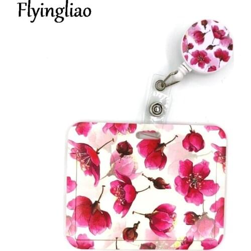 Red Flowers Cute Card Cover Clip Lanyard Retractable Student Nurse Badge Reel Clip Cartoon ID Card Badge Holder accessories