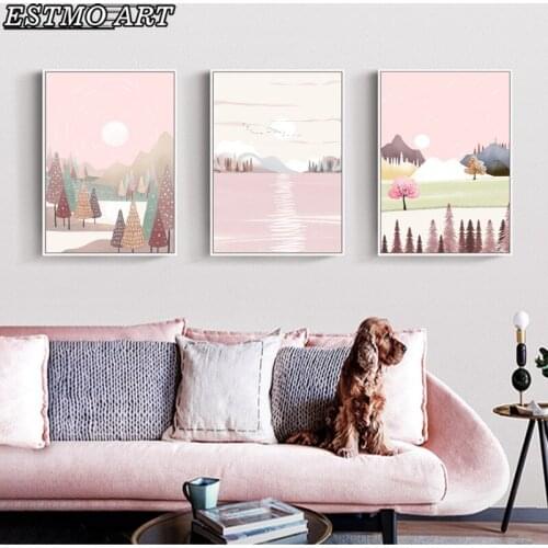 Pink Ocean and Sky Wall Art Canvas Painting for Girls Room Decoration Abstract Landscape Poster Creativity Modern Art Painting