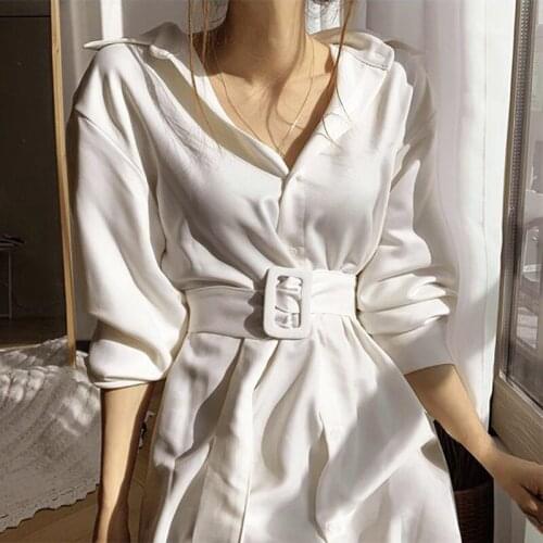 New White Dress Waist Shirt Was Thin and elegant vestidos French Retro belt Mid-length Spring Autumn Pure Color