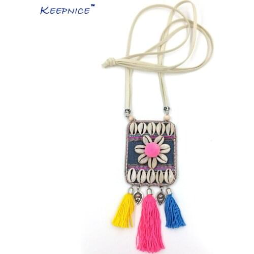New Boho Jewelry Bag Back Flower Pendents Bohemia Necklaces Sea Beach Shell Pendants Necklace With Colorful Cotton Tassel